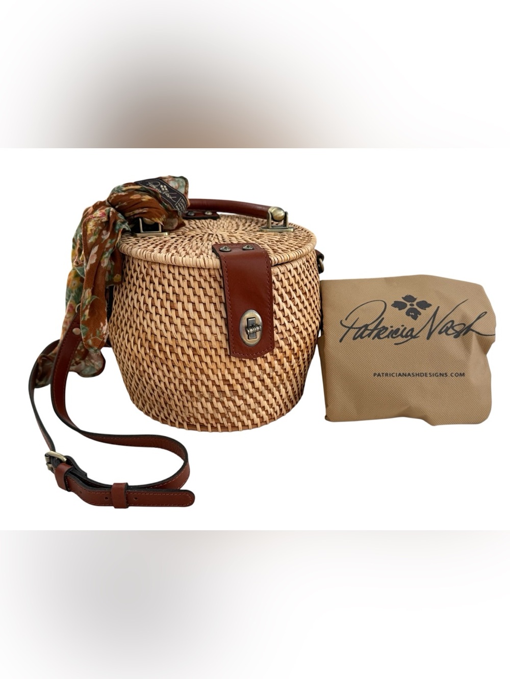 Patricia Nash Natural Straw Round Crossbody with Brown Leather Trim